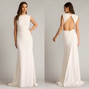 Tadashi Shoji Women L Tenney Gown Dress White Pleated Textured Crepe NEW FLAW